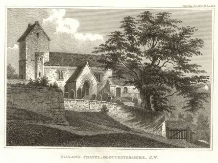 engraving of Oldland Chapel, Gloucestershire, with large Yew Tree